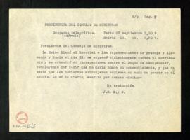 Copia del despacho telegráfico del marqués de Molins al presidente del Consejo de Ministros [Anto...