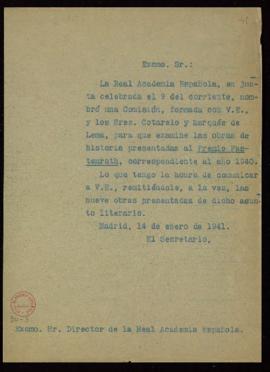 Copia sin firma del oficio del secretario [Julio Casares] a Francisco Rodríguez Marín de comunica...