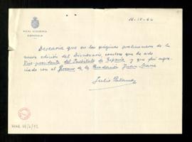 Nota de Julio Palacios con su deseo de incorporar que fue vicepresidente del Instituto de España ...