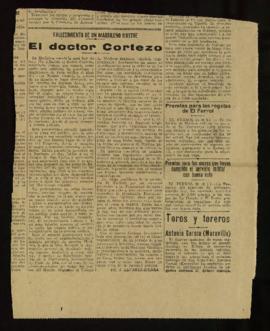 Recorte de prensa con la noticia Fallecimiento de un madrileño Ilustre. El doctor Cortezo