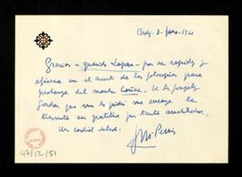 Tarjeta de José María Pemán a Rafael Lapesa en la que le agradece su rapidez y eficacia en el asu...