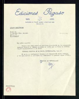 Carta de Ediciones Pegaso con la liquidación de Historia política de la España contemporánea, tom...