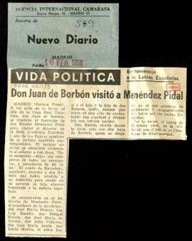 Recorte de Nuevo Diario con la noticia Don Juan de Borbón visitó a Menéndez Pidal
