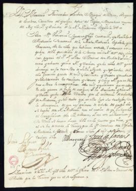 Orden del marqués de Villena de libramiento a favor de Pedro Manuel de Acevedo de 585 reales y 28...