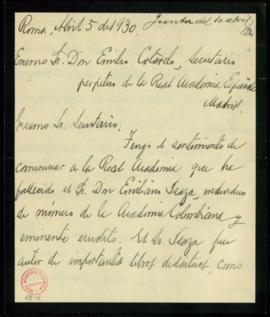 Carta de Antonio Gómez Restrepo a Emilio Cotarelo en la que le informa de la muerte de Emiliano I...