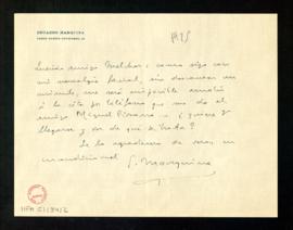 Carta de Eduardo Marquina a Melchor Fernández Almagro en la que le pide que vaya a la cita con Mi...