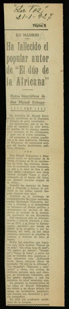 Recorte del diario La Voz de 21 de enero de 1927, con la noticia del fallecimiento de Miguel Eche...