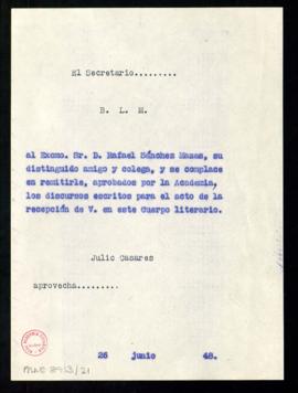 Copia sin firma del besalamano de Julio Casares, secretario, a Rafael Sánchez Mazas con el que le...