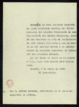 Copia sin firma del oficio de pésame del secretario a Arturo Marasso, secretario de la Academia A...