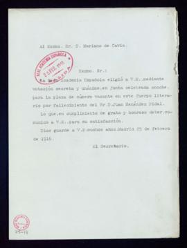 Minuta del oficio del secretario [Emilio Cotarelo] a Mariano de Cavia de comunicación de su elecc...