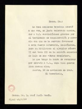 Copia sin firma del oficio del secretario [Julio Casares] a José María Pemán de traslado del agra...