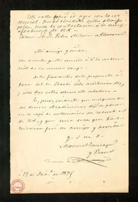 Carta de Manuel Tamayo y Baus a Pedro Antonio de Alarcón en la que le recuerda que votó por su ca...