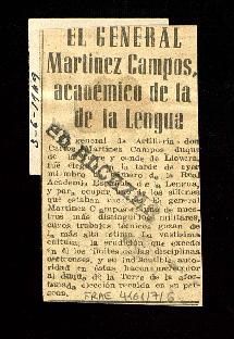 Recorte de El Alcázar con la noticia titulada El general Martínez Campos, académico de la Lengua