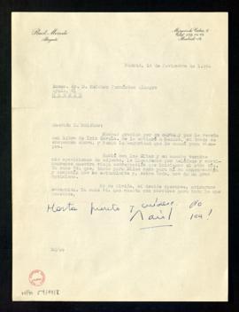 Carta de Raúl Morodo a Melchor Fernández Almagro en la que le agradece su reseña del libro de Iri...