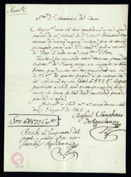 Carta de Rafael Sánchez de Aguilera a Mauricio de Cano sobre la recepción de tres resmas de papel...