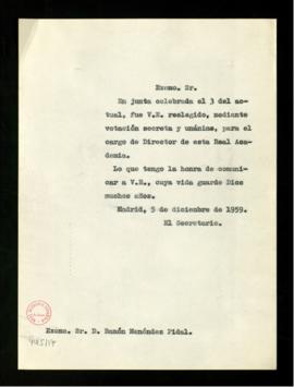 Copia sin firma del oficio del secretario [Julio Casares] a Ramón Menéndez Pidal de comunicación ...