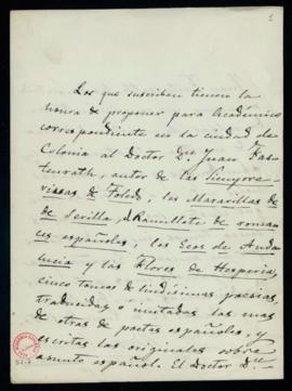Propuesta firmada por Juan Eugenio Hartzenbusch, Ramón de Campoamor y Juan Varela de Juan Fastenr...