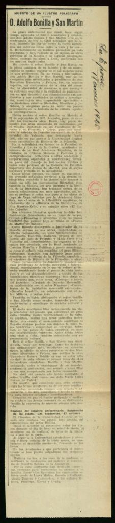 Recorte del diario La época de 18 de enero de 1926, con la noticia del fallecimiento de Adolfo Bo...