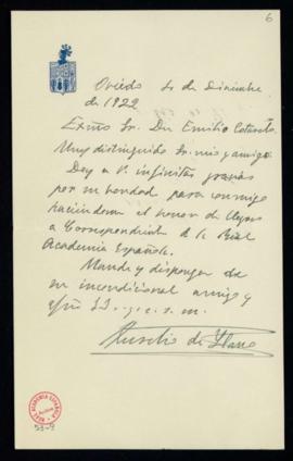 Carta de Aurelio de Llano a Emilio Cotarelo en la que le agradece efusivamente su bondad al honra...