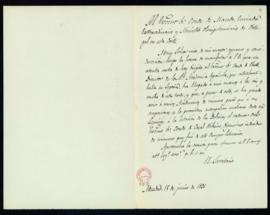 Minuta de la carta del secretario, Manuel Tamayo y Baus, al conde de Macedo en la que acusa recib...