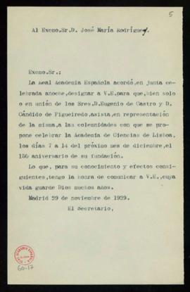 Minuta del oficio del secretario [Emilio Cotarelo] a Jose Maria Rodrigues de su designación como ...