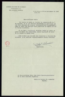 Carta de Abel Alarcón a Julio Casares en la que le informa que ha recibido la noticia de la elecc...