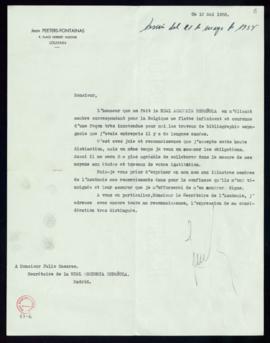 Carta de Jean Peeters-Fontainas a Julio Casares, secretario, en la que le comunica que acepta la ...