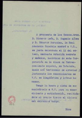 Copia sin firma del oficio del secretario a Manuel de Montoliú y Togores de traslado de su nombra...