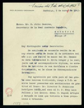 Carta de Rudolf Grossman al secretario en la acusa recibo de su elección como académico correspon...