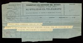 Telegrama de pésame de José Casares Gil por el fallecimiento del director Miguel Asín