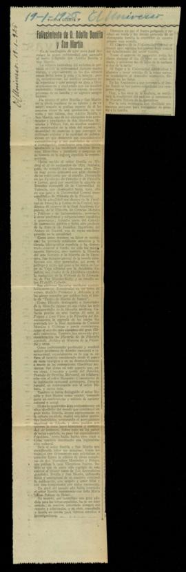 Recorte del diario El Universo de 19 de enero de 1926, con la noticia del fallecimiento de Adolfo...