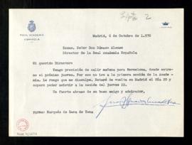 Carta de Juan Ignacio Luca de Tena, marqués de Luca de Tena, a Dámaso Alonso, director, en la que...