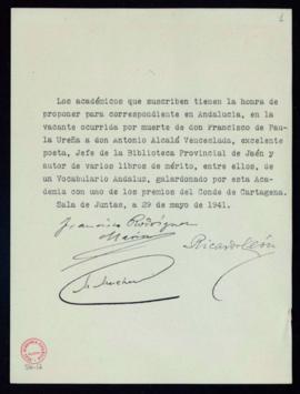 Propuesta de Antonio Alcalá Venceslada como académico correspondiente en Andalucía