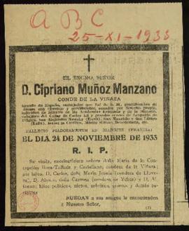 Recorte del diario ABC con la esquela de Cipriano Muñoz y Manzano