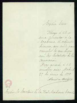 Carta de Daniel de Cortázar al secretario [Manuel Tamayo y Baus] con la que adjunta el discurso [...
