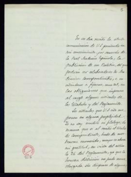 Carta de Juan Alcover a Emilio Cotarelo, secretario, en la que expresa su perplejidad en los artí...
