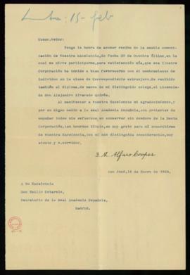Carta de José María Alfaro Cooper a Emilio Coatrelo en la que acusa el recibo de su nombramiento ...