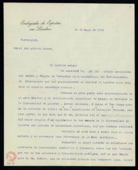 Carta de Alfonso Merry del Val a Antonio Maura en la que recomienda a Israel Gollancz y sugiere s...