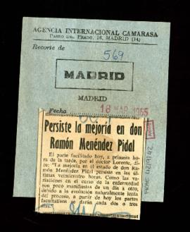 Recorte del diario Madrid con la noticia Persiste la mejoría de don Ramón Menéndez Pidal