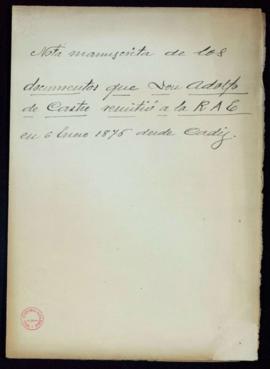 Carpetilla con el título Nota manuscrita de los documentos que don Adolfo de Castro remitió a la ...