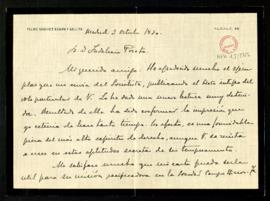 Carta de Felipe Sánchez Román y Gallifa a Indalecio Prieto en la que le agradece el envío del Soc...