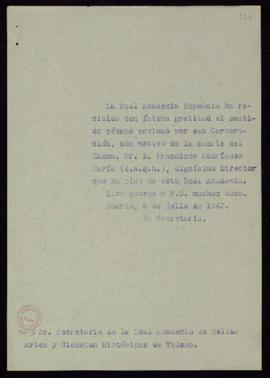 Copia sin firma del secretario [Julio Casares] al secretario de la Real Academia de Bellas Artes ...