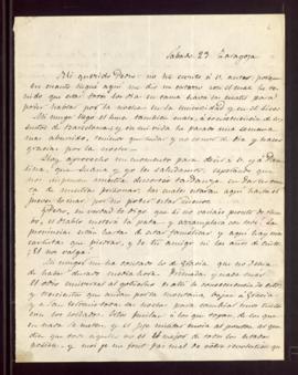Carta de José Zorrilla a Pedro [Antonio de Alarcón] desde Zaragoza, donde se encuentra para diver...