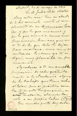 Minuta de la carta de Ramón Menéndez Pidal a Félix Díez Mateo en la que le agradece el envío del ...