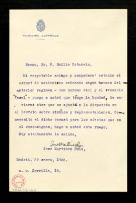 Carta de José Martínez Ruiz a Emilio Cotarelo en la que le solicita que le envíe el carnet de aca...