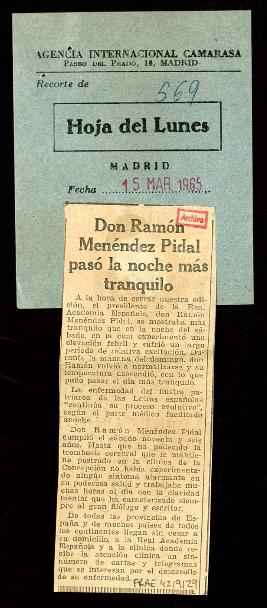 Recorte del periódico Hoja del Lunes con la noticia Don Ramón Menéndez Pidal pasó la noche más tr...