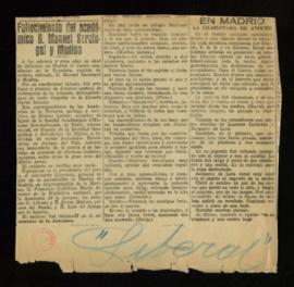 Recorte del diario El Liberal de 22 de agosto de 1926, con la noticia del fallecimiento de Manuel...