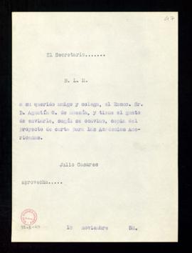 Copia del besalamano de Julio Casares a Agustín G. de Amezúa que acompaña a la copia del proyecto...