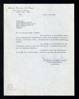 Carta de Piedad Larrea Borja, secretaria de la Academia Ecuatoriana de la Lengua, a Alonso Zamora...