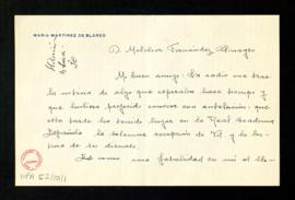 Carta de María Martínez de Blanco a Melchor Fernández Almagro en la que le felicita por su ingres...